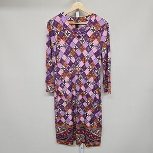 Tory Burch Silk Knit Dress Geometric Print Purple Orange Long Sleeve Midi Size L